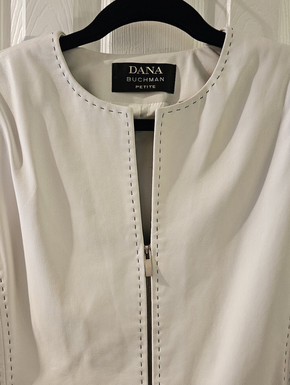 Dana Buchman Sz. 16P Cream Zip-Front Leather Blazer, Contrast STITCHING - Picture 6 of 8